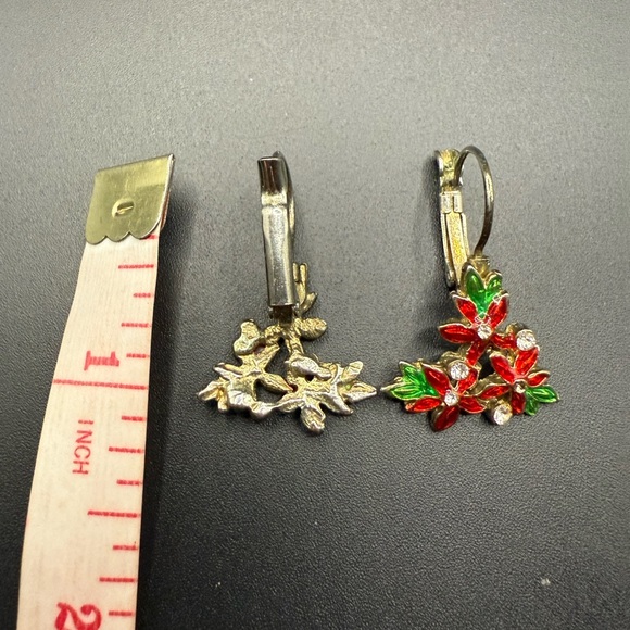 Poinsettia Floral Red and Green Silver Tone Earrings Holiday - Picture 4 of 5